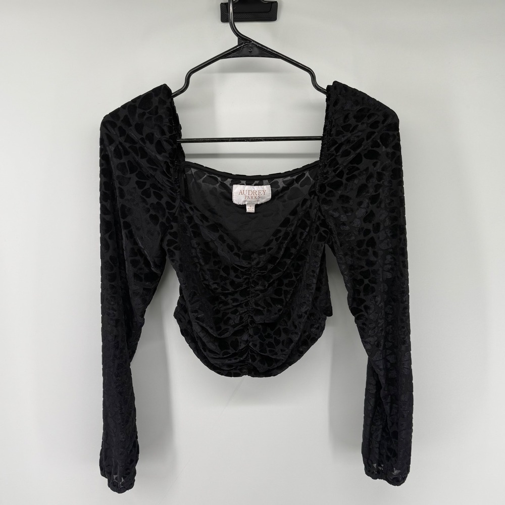 Audrey Parks Francescas Black Velvet Heart Burnout Ruched Crop Top‎ Small